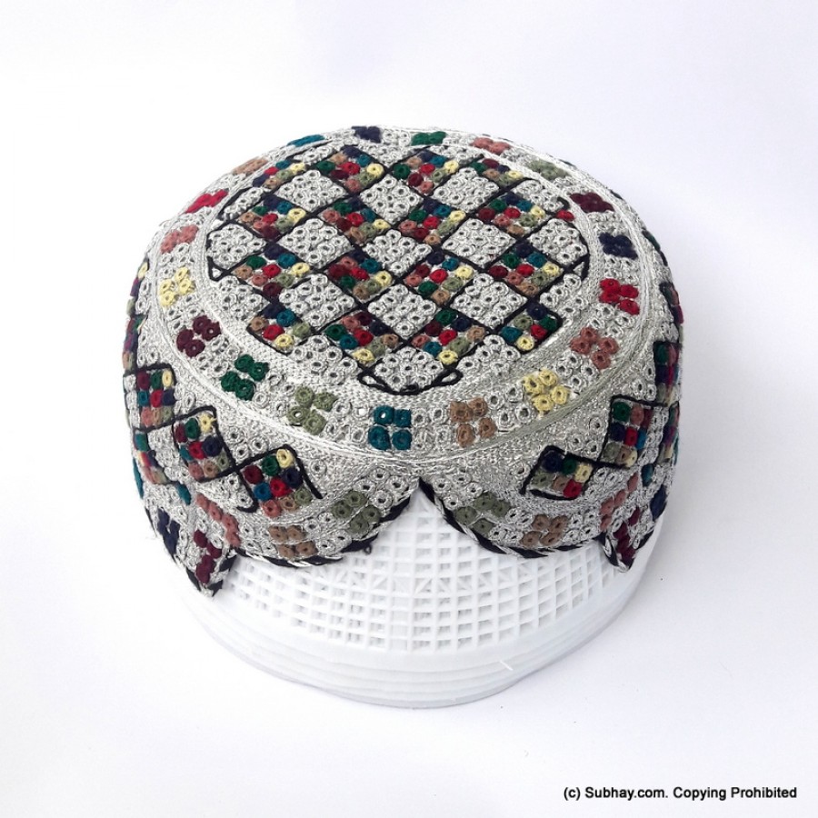 Silver & Multi Color Saeedabad Yaqoobi Zardari Cap or Topi MKC-673